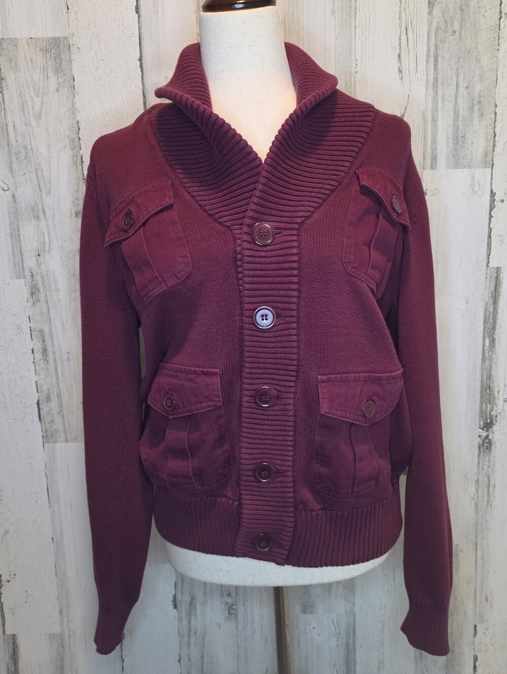 Vintage GUESS Burgundy Military Cardigan Jacket Cargo Pockets Y2K Women M